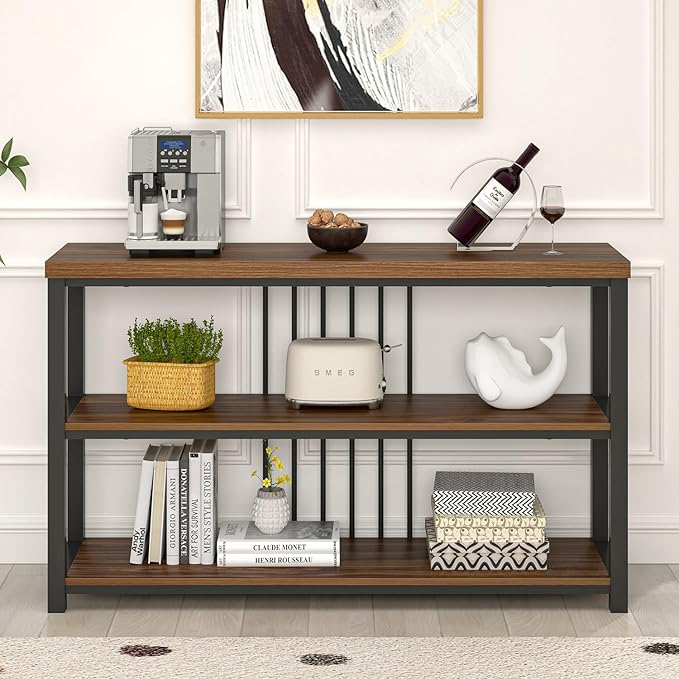 FOLUBAN Console Table for Entryway, Narrow Sofa Table with 3 Tier Storage Shelf for Living Room Hallway Behind Couch, Rustic Walnut-Ruum Studio Home