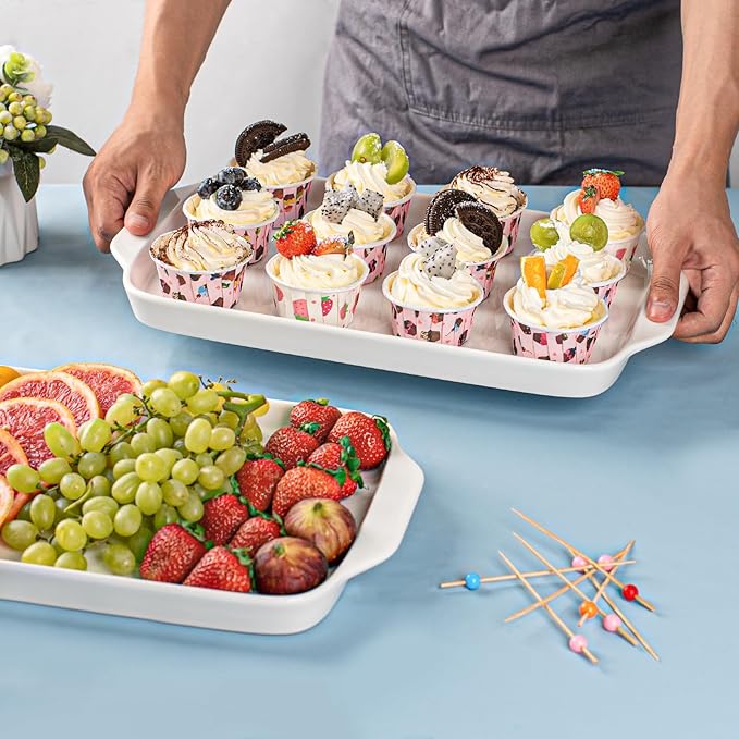 Dizada Large Serving Platter with Handles, 16" x 9" Porcelain Serving Tray, White Rectangular Platters for Entertaining & Serving Food, Serving Trays for Party, Appetizer, Charcuterie - Set of 3-Ruum Studio Home
