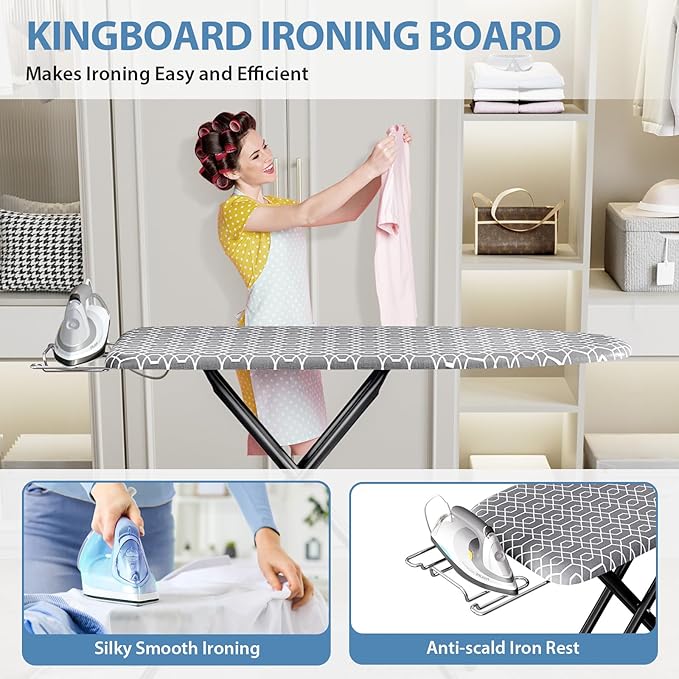 KINGBOARD Ironing Board, Foldable Iron Board with Iron Rest, Compact Ironing Board with Height Adjustable, Extra Thick Heat-Resistant Cover, Heavy-Duty Sturdy Metal Legs, 43x13 Grey-Ruum Studio Home