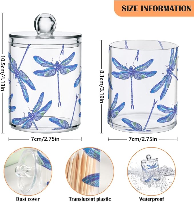 2 Pack Qtip Holder Organizer Dispenser Dragonflies Bathroom Storage Canister Cotton Ball Holder Container for Cotton Swabs/Pads/Floss-Ruum Studio Home