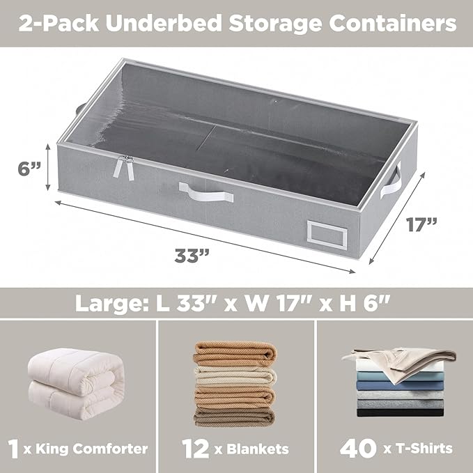 Under Bed Storage Containers, 2-Pack Underbed Storage Box, Collapsible Clothes Storage Bins with Handles and Lid, Large Under Bed Organizers for Shoe, Blanket, Pillow, Sheet, Gray-Ruum Studio Home