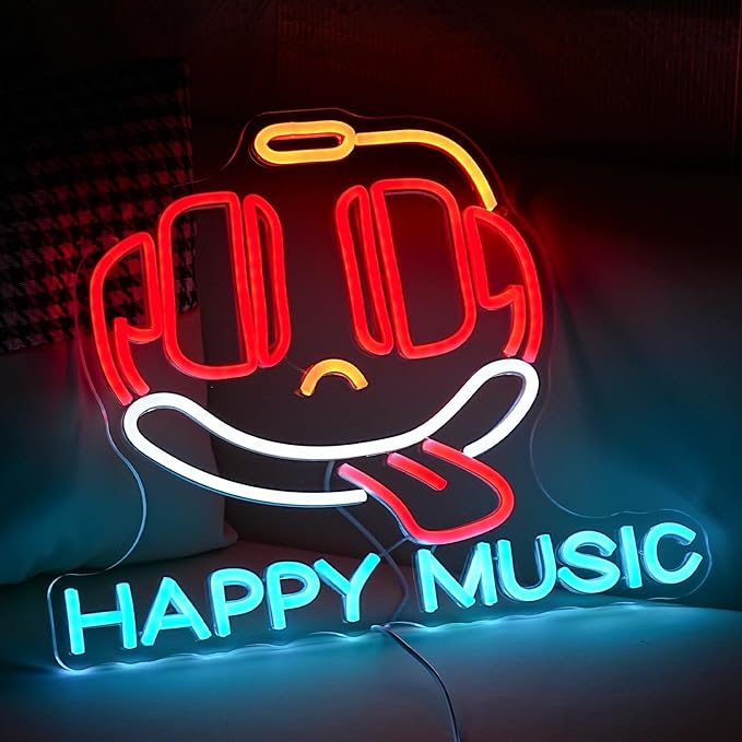 Headphone Neon Sign Dimmable Led Happy Music Neon Light for Wall Decor USB Cute Headset Figure Neon Light Sign for Music Studio Bar Live Music Party Bedroom-Ruum Studio Home
