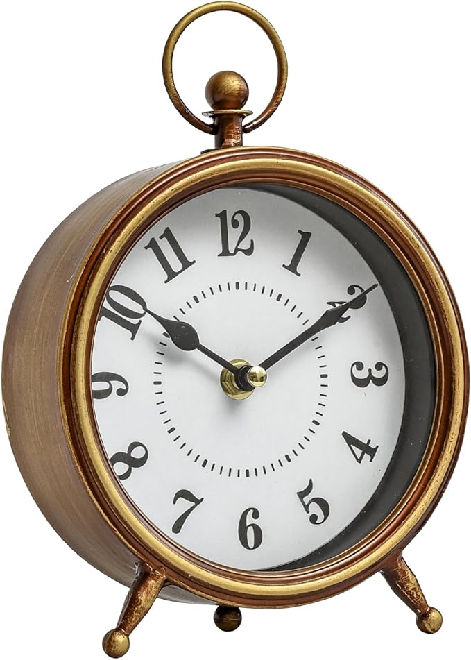 EMAX Home Vintage Small Table Clock on Stand,Desk and Shelf Clock Decorative Farmhouse Mantel Non-Ticking Clock Rustic Metal Frame with Antique Gold Finish 9.3 Inch…-Ruum Studio Home