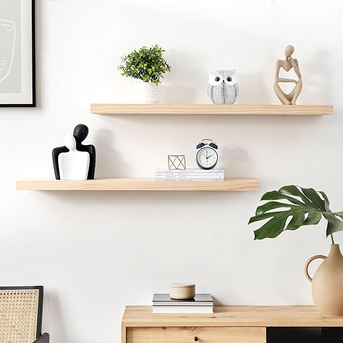 Fun Memories 36 Inch Floating Shelves for Wall, Deep Rustic Solid Pine Wood Wall Shelves for Storage - Farmhouse Wall Mounted with Heavy-Duty Metal Bracket, 36" W x 8" D, Set of 2,Unfinished-Ruum Studio Home