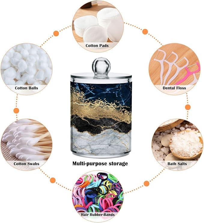 2 Pack Qtip Holder Dispenser Navy Blue Marble Bathroom Storage Canister Lid Acrylic Plastic Apothecary Jar Set Vanity Makeup Organizer for Cotton Swabs/Pads/Floss-Ruum Studio Home