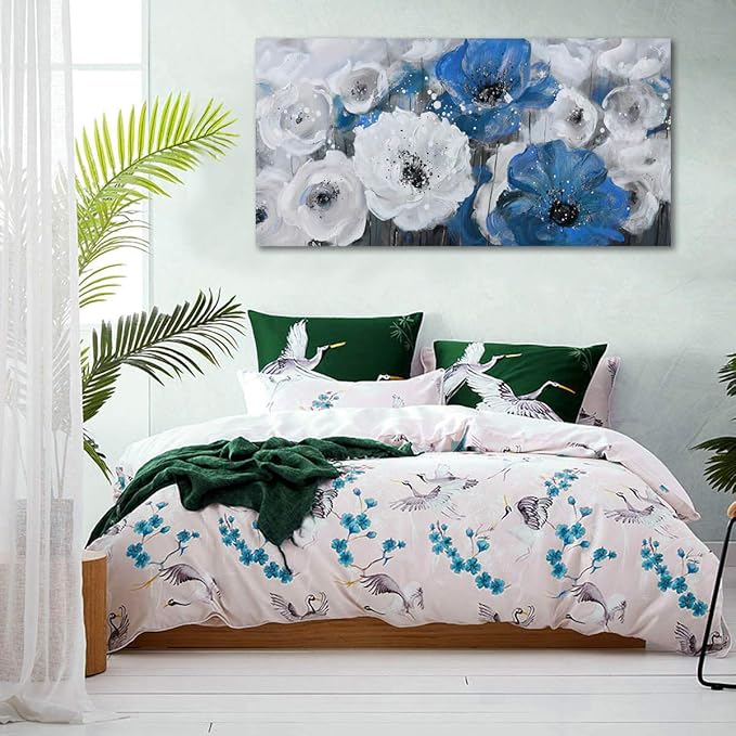 Mofutinpo Large Flower Painting Wall Art, 24x48, Modern Home Decor, Living Room Wall Decorations, White Blue Flower Prints Artwork, Waterproof UV Resistant Canvas, Wall Art for Bedroom-Ruum Studio Home