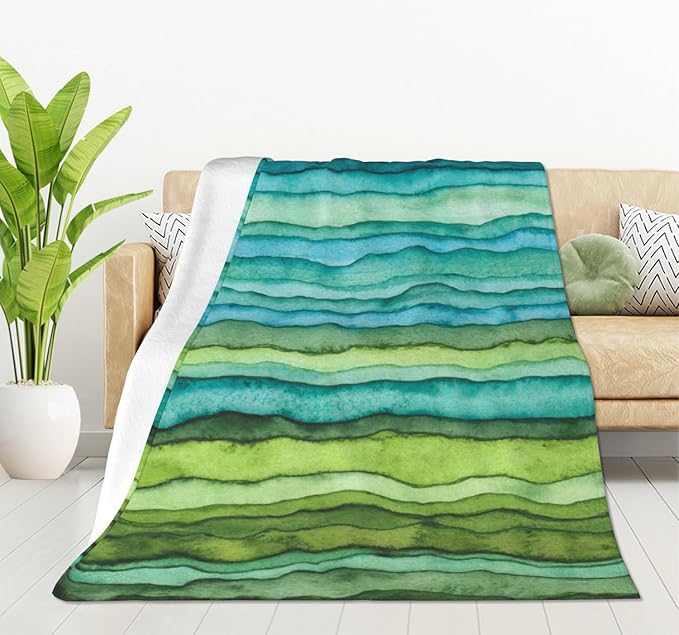 HGOD DESIGNS Watercolor Stripped Waves Blanket for Women, Lightweight Soft Fleece Flannel Throw Blanket Blue and Green Sofa Couch Living Room 40x50 Inch-Ruum Studio Home
