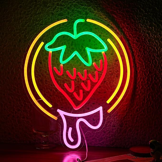 Strawberry Neon Sign USB Powered Sweet Fruit Led Light Up Sign Dimmable Funny Neon Light Wall Decoration for Home Kitchen Fruit Market Dessert Shop Farmhouse Restaurants-Ruum Studio Home