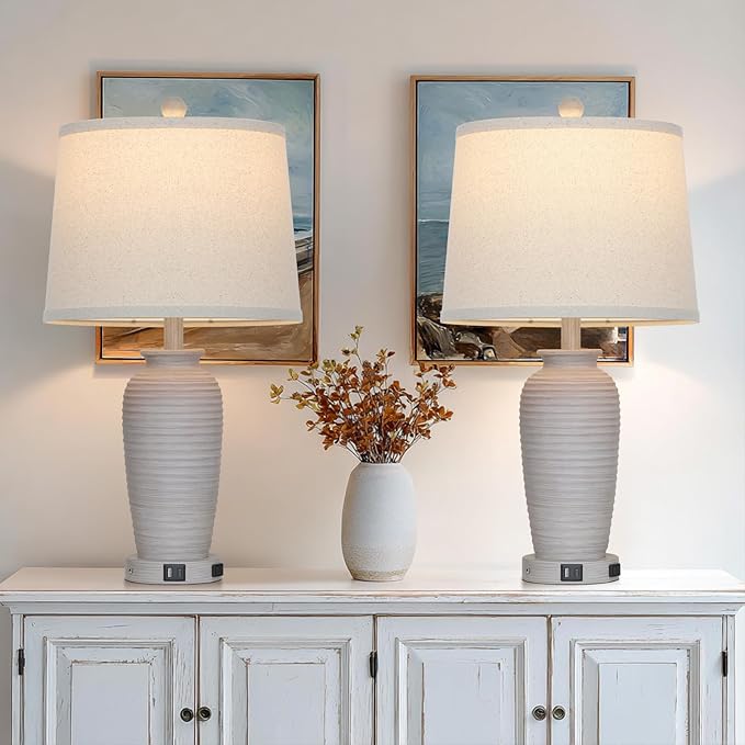 25“ Traditional Table Lamps Set of 2, Bedside Touch Lamp with USB C+A Charging Ports, Rustic Farmhouse Jar Table Lamps for Living Room Bedroom, Side Table Lamp with Beige Fabric Shade, Antique Grey-Ruum Studio Home