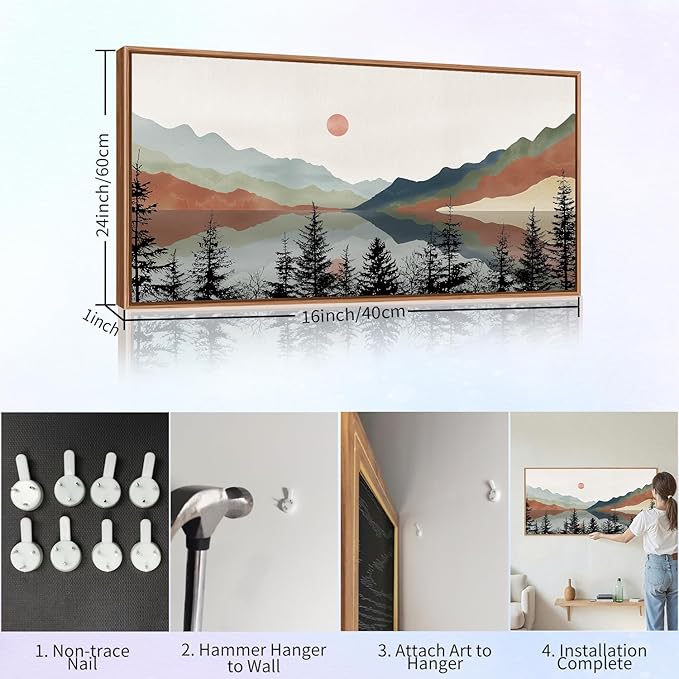 Tinonedraw Boho Mountain Framed Canvas Wall Art Set, Watercolor Nature Landscape Wall Decor, Neutral Modern Sunrise Artwork, Black Pine Trees Forest Art Prints for Living Room Bedroom Office 20"x40"-Ruum Studio Home