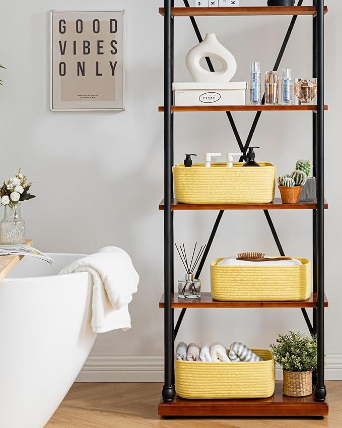 KALLAX Small Woven Basket, 13.5 x 9.5 x 5 Inches, Storage Basket for Organizing, Cute Small Rope Shelf Closet Cube Storage Bins Baskets for Shelves, Dog Toy Gift Baskets Empty, 3 Pack Yellow-Ruum Studio Home
