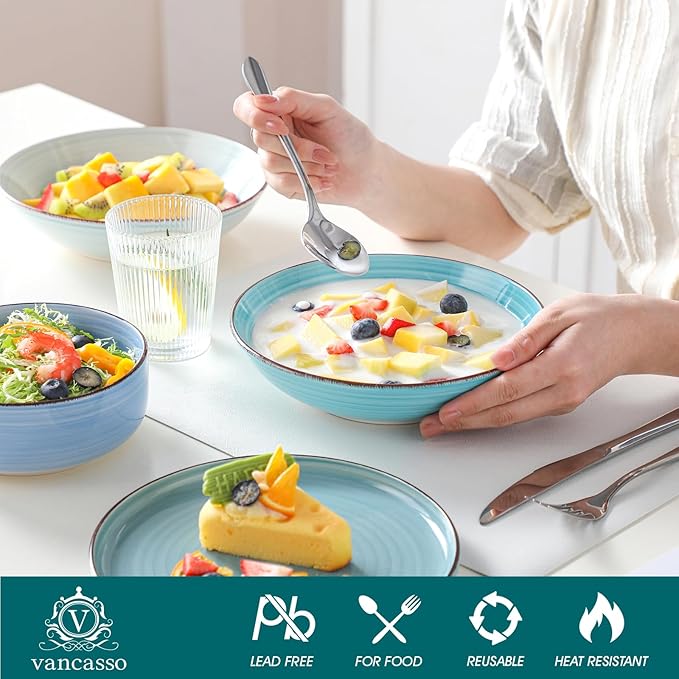 vancasso Bonita Dinnerware Sets 24 Pieces, Blue Stoneware Dishes Set for 6, Dinner Platers with Bowls Set, Dishwasher and Microwave Safe-Ruum Studio Home