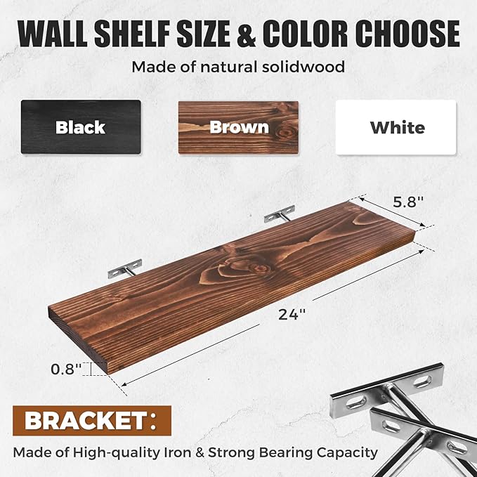 Floating Wall Shelves 3-Pack - 24-Inch Rustic Brown Wooden Shelves for Storage and Décor, Easy Installation for Living Room, Bedroom, and Kitchen-Ruum Studio Home