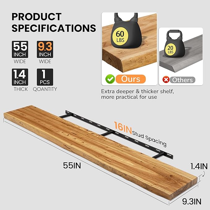 Floating Shelves for Wall, 55"x9.3" Rustic Solid Live-Edge Elm Wood Wall Shelves, Heavy-Duty Floating Shelves with Invisible Brackets for Living Room, Bedroom, and Kitchen, Natural Finish-Ruum Studio Home