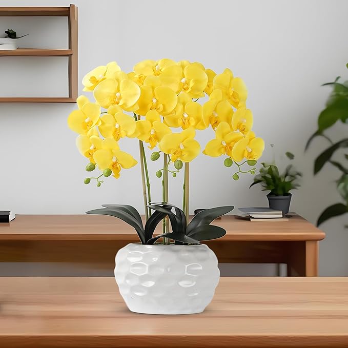 Orchid Artificial Flowers with White Vase Large Silk Faux Phalaenopsis Flowers for Dining Room Table Floral Centerpieces Indoor Decoration,Yellow-Ruum Studio Home