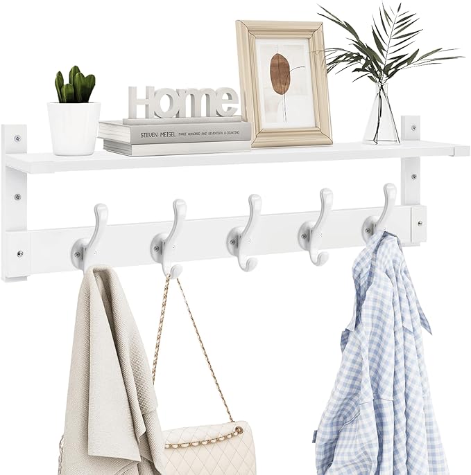 Homode Coat Rack With Wall Shelf, 29" Wooden Entryway Floating Shelf With Hooks Underneath, Hanging Coat Hanger for Bathroom, Living Room, Bedroom, Hallway, White-Ruum Studio Home