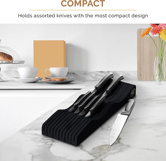 In-Drawer Knife Block - Bamboo Knife Drawer Organizer for Kitchen - Fits 5 Long + 6 Short Knives | Store Knives with Blades Pointing Down - Wooden Steak knife Holder without Knives (Black)-Ruum Studio Home