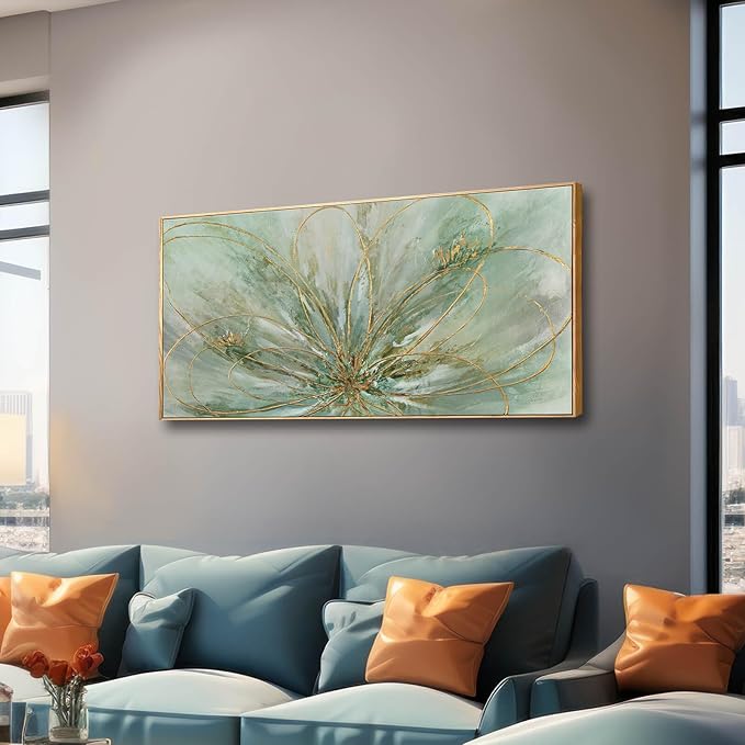 YJYart Green Abstract Canvas Artwork Flowers Wall Decor for Office Line Art Painting 24"x 48" Pictures for Bedroom Dining Room Neutral Wall Art-Ruum Studio Home