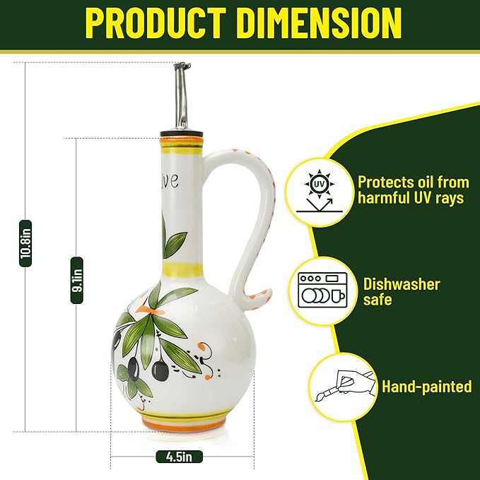 Hand-Painted Ceramic Olive Oil Dispenser Bottle – 15oz Decorative Stoneware Cruet with Stainless Steel Spout for Oil, Vinegar, Syrups, and Sauces-Ruum Studio Home