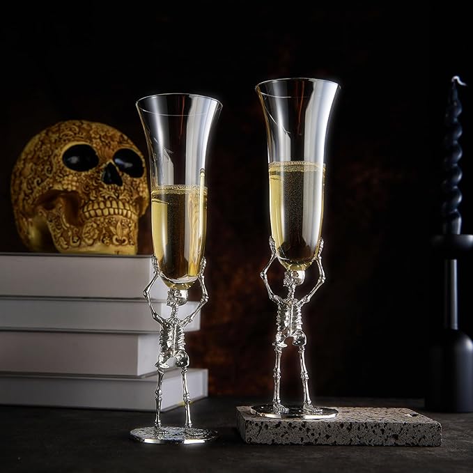 Stemmed Skeleton Champagne Flute Glasses Set of 2 | Gothic Halloween Drinkware | 7.5oz 10" Tall Skeleton Goblets for Haunted Parties, Spooky Wine Glass Set, Gothic Skeleton Decor & Unique Gift Idea-Ruum Studio Home