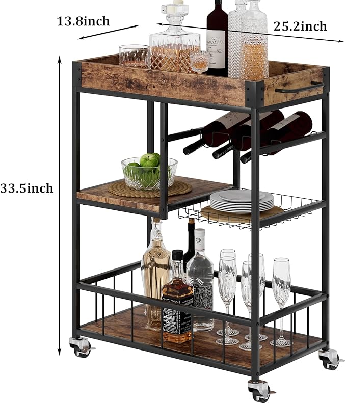 Bar Cart with Basket 3 Tiers Home Rolling Wine Rack with Wheels Mobile Kitchen Industrial Vintage Style Wood Metal Serving Trolley Serving Cart,Glass Holder Bar Cabinet-Ruum Studio Home