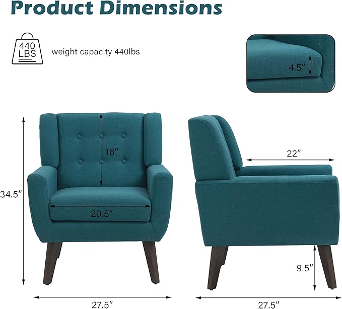 UIXE Accent Chair Modern Arm Chair, Mid Century Upholstered Club Armchair, Comfy Single Lounge Sofa Living Room Button Tufted Armrest Reading Seat Bedroom Side Seating, Turquoise Blue-Ruum Studio Home