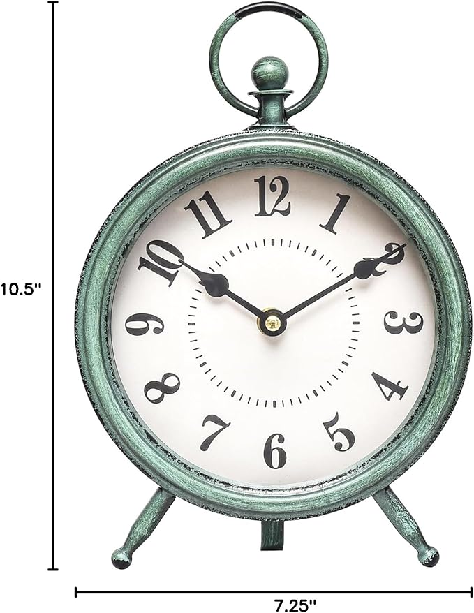 Vintage Rustic Green Table Clock on Stand, Decorative Desk and Shelf Clock，Decorative Battery Operated Table Top Clock for Living Room，Silent Non-Ticking-Ruum Studio Home