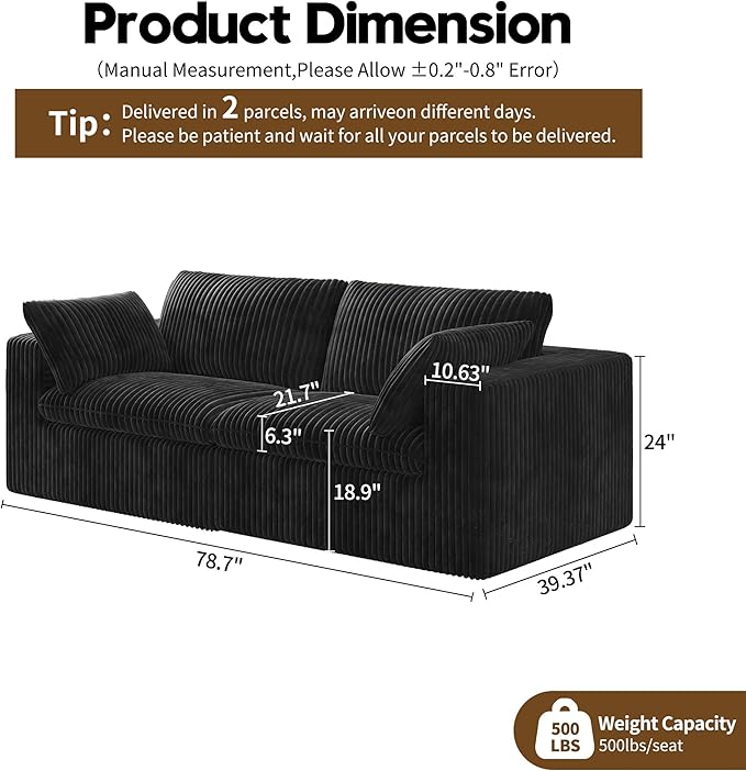 78.74" LoveSeat Cloud Sofa,Modular Sectional Couch,Modern Deep Seat Upholstered Couches with Plush Corduroy Fabric for Living Room Furniture,Bedroom and Apartment,No Assembly Required,Black-Ruum Studio Home