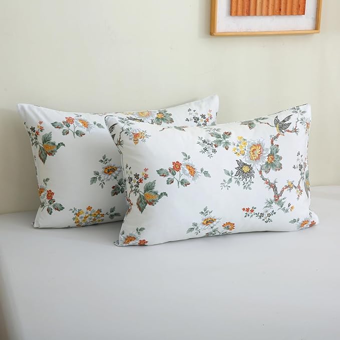 ABREEZE Floral Duvet Cover Queen Size Set Bird Flowers Bedding Set 100% Brushed Cotton Bedding Collection 1 Duvet Cover with 2 Pillowcases White-Ruum Studio Home