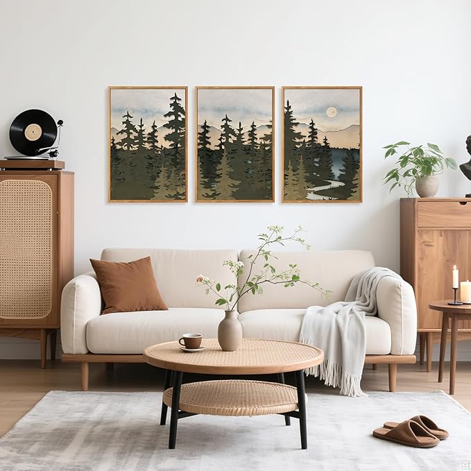HPNIUB Vintage Mountain Framed Canvas Wall Art Set, Boho Sunrise Art Prints, Forest Nature Wilderness Art Paintings, Abstract Farmhouse Pine Tree Wall Decor for Living Room Bedroom, Office- 16"x24"x3-Ruum Studio Home