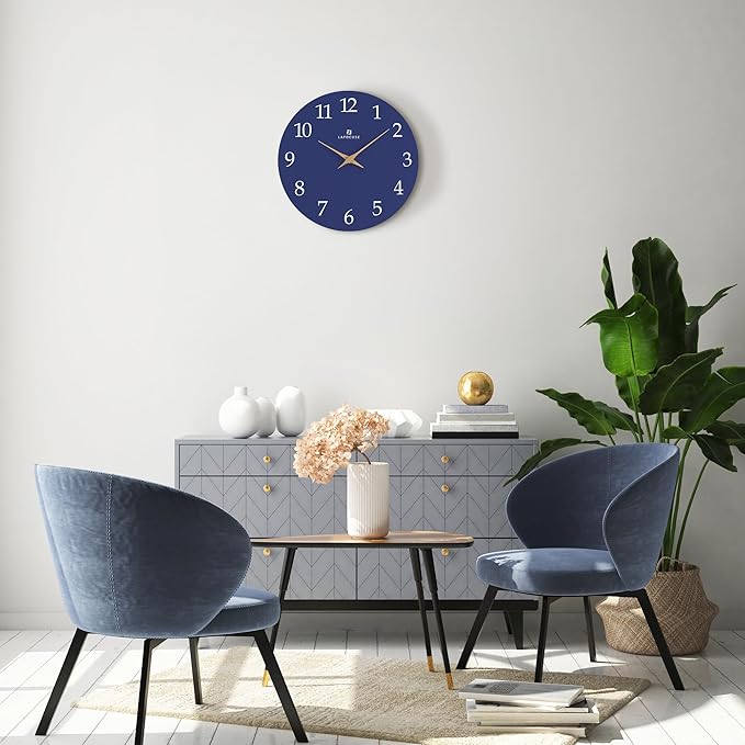Lafocuse 12 Inch Silent Navy Blue Wall Clock Battery Operated, Wooden, Simple, Minimalist, Kitchen, Living Room, Bedroom, Office, Home Décor-Ruum Studio Home