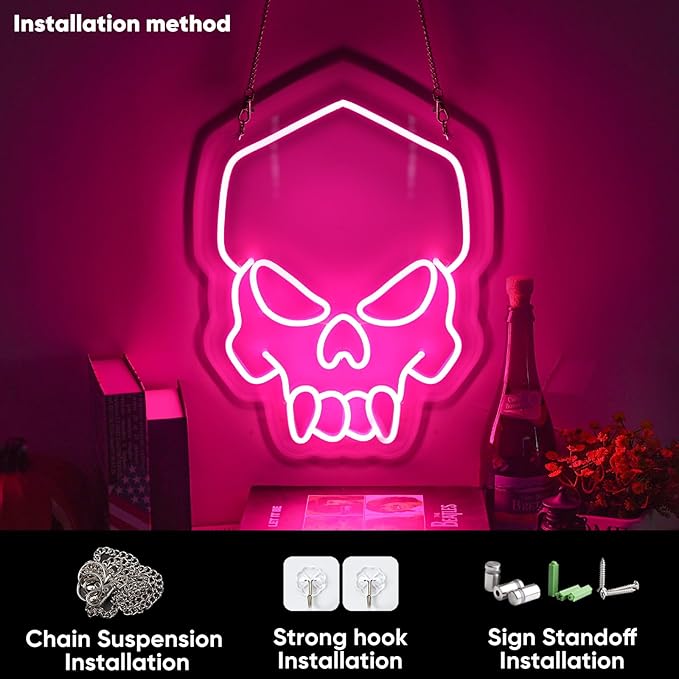 Dimmable Skull Neon Sign,Halloween Pink Neon Sign Light for Wall Decor, Skeleton LED Neon Sign for Beer Bar Bedroom Art,Skull Head Neon Lights Suitable for Computer Room, 5V USB Power 15.75 * 11.8in-Ruum Studio Home