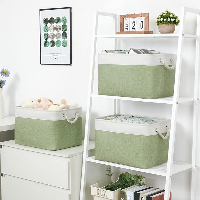 Bidtakay Large Fabric Baskets for Organizing [3-pack] Closet Organizers and Storage Baskets for Gifts Empty Foldable Nursery Baskets for Toy Storage 15 X 11 X 9.5 Inches (White&green)-Ruum Studio Home