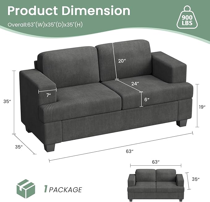 2 Pieces Corduroy Couch Set for Living Room, Black Cloud Sofa, Deep Seat Floor Couch for Bedroom, Futon Modern Sofa Sectional Bed, Black Corduroy-Ruum Studio Home