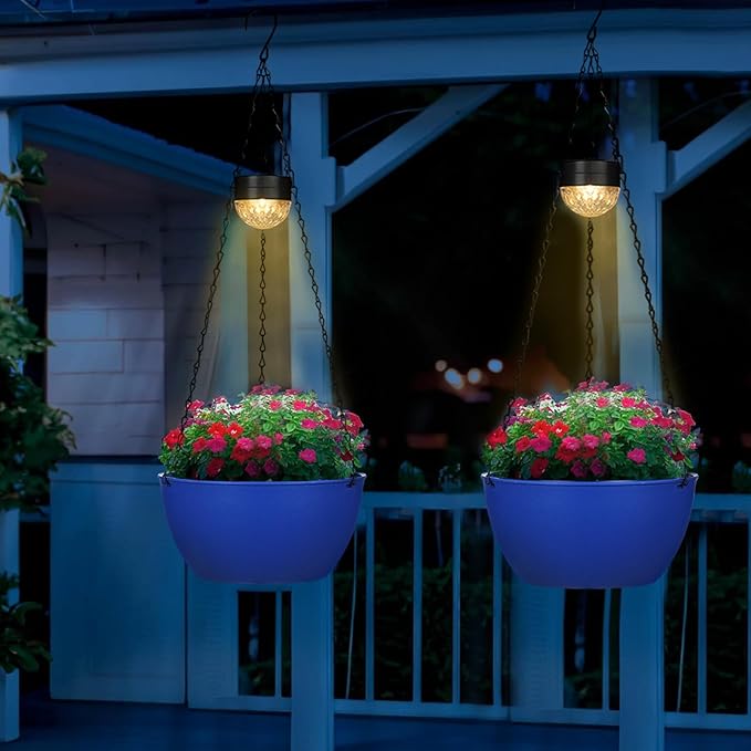 2 Packs Hanging Planters Basket for Outdoor Plants, Solar Powered Self Watering Blue Round Plastic Flower Pots with Drainer for Balcony Patio Garden Outdoor Decoration-Ruum Studio Home