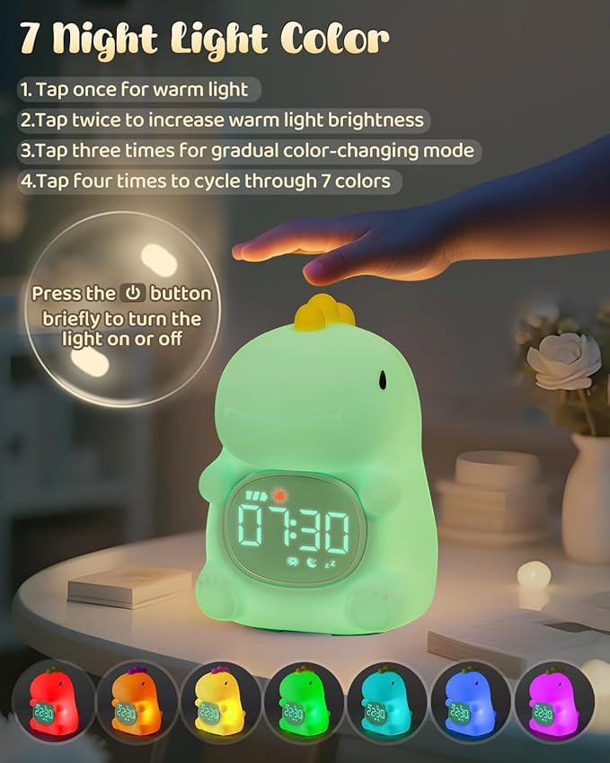 Dinosaus Alarm Clock for Kids with Night Light, Sleep Training Clock Time to Wake Clock, Rechargeable Silicone Light for Bedroom, Perfect Sleep Companion for Boys Girls-Ruum Studio Home