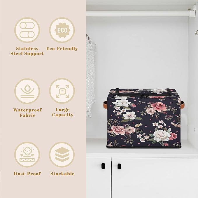 Rectangular Storage Baskets for Shelves - Waterproof Foldable Laundry Basket, Nursery Hamper, Reusable Toy Bin for Organizing Toys, Books, Clothes, Closet 14"x10.2" x10.4" (Flowers)-Ruum Studio Home