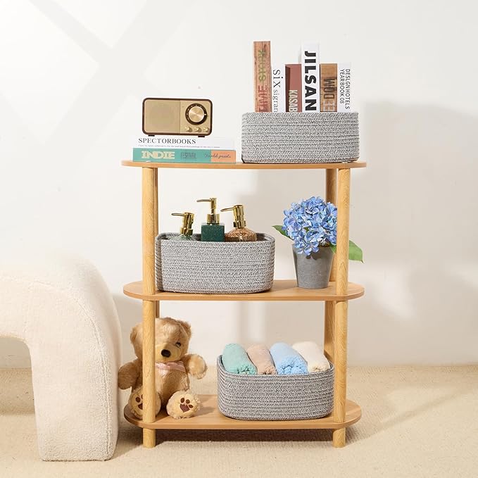 Small Storage Baskets for Organizing | Closet Organizer Bins | Shelf Toy Basket | Woven Rope Baskets | Cube Decorative Box | Shallow Basket | 11.5x7.5x4.7” | 4 Packs Mixed Grey-Ruum Studio Home