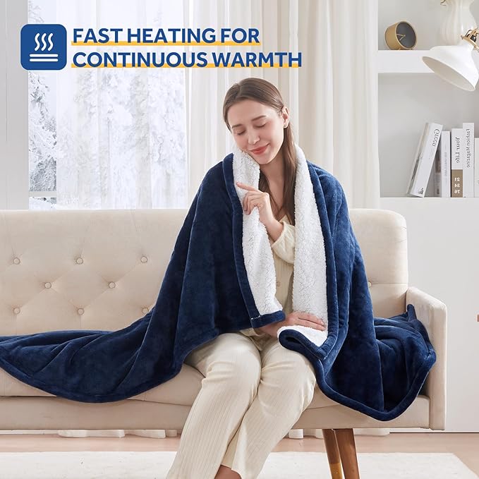 Sealy Electric Blanket Throw Size 50"*60",Super Cozy Flannel to Sherpa Reversible Heated Blanket Throw with 6 Heating Levels & 2-10 Hours Auto Off Overheating Protection Machine Washable,Navy-Ruum Studio Home