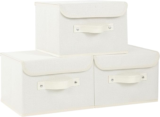 Fabric Storage Bins Cube Organizers with Flip-Top Lid and Handles,Storage Boxes for Organizing Home,Office,and Closet,Beige,3 Pack 10.2 X 7.9 X 6.7 in-Ruum Studio Home