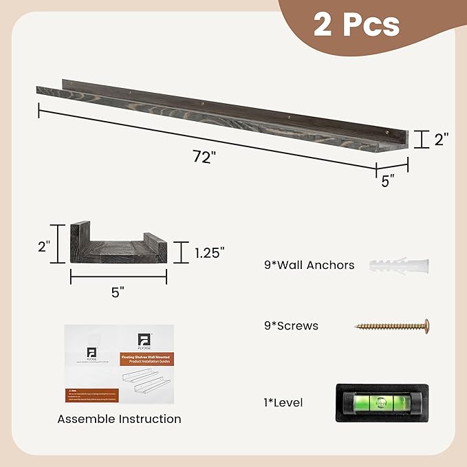 Picture Ledge Shelf, Floating Shelves Set of 2, Solid Pine Wood 72'' Long Large Nursery Book Shelves for Toys Storage, Kids Bookshelf for Living Room Bedroom Decor Books Photo Frames, Grey-Ruum Studio Home