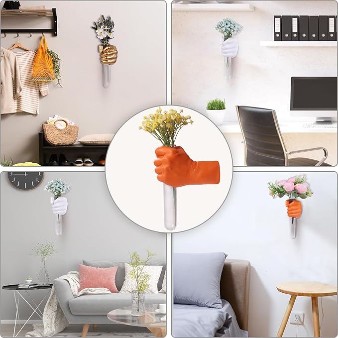Orange Wall Sculptures, Hand Vases Home Decor, Wall Mount Art Sculpture, Unique Wall Art Statue, Funky Flower Vase Decorations, Modern Eclectic Hanging Decor,Glass Test Tube Vase (Orange)-Ruum Studio Home