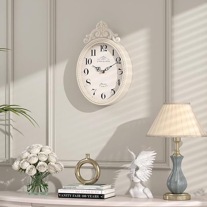 Abdurey Small French Retro Decorative Wall Clock, Ivory White Vintage Oval Style,Silent Battery Operated Boho Decor Wall Clocks for Farmhouse,Kitchen,Bedroom,Bathroom(10.4" H x 6.7" W)-Ruum Studio Home