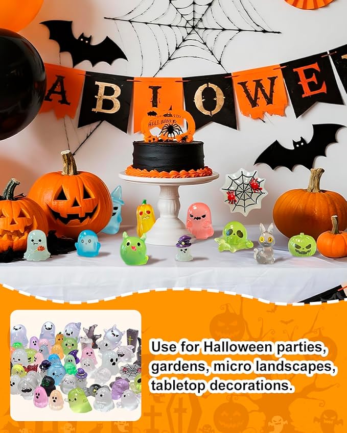 72 Pcs Halloween Mini Resin Animals Figures Kit - Luminous Tiny Resin Figurines Accessories, Glow in The Dark Miniature Ghost Figurines for Halloween Party, Micro Landscape, Tabletop Decor-Ruum Studio Home