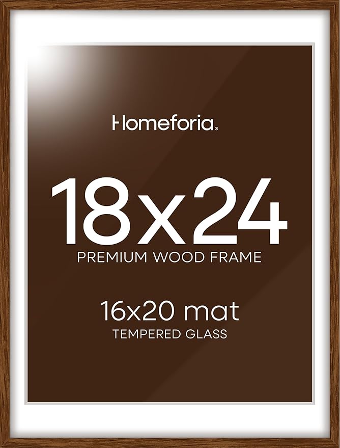 Homeforia 18x24 Walnut Poster Frame, High End Dark Oak 18x24 Brown Wooden Picture Frames with Mat 16x20, 18 x 24 Wood Frame Matted to 16 by 20, 24x18 Hanging Frames, Tempered Glass, Wall Kit, Set of 1-Ruum Studio Home