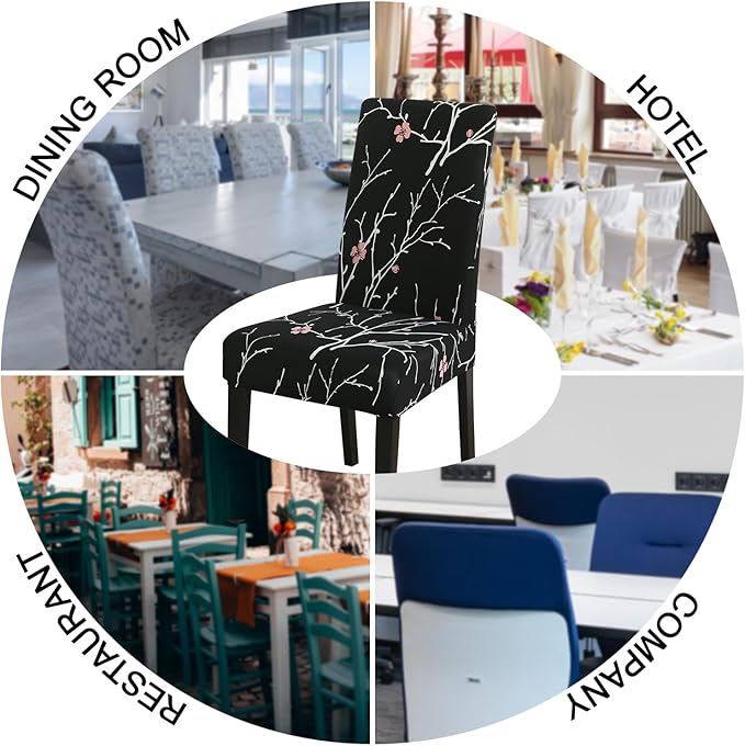 JQinHome Pattern Chair Covers for Dining Room Set of 6, High Stretch Removable Washable Parsons Chair Slipcover for Home Party Hotel Wedding Ceremony (Flourish Black,6PCS)-Ruum Studio Home