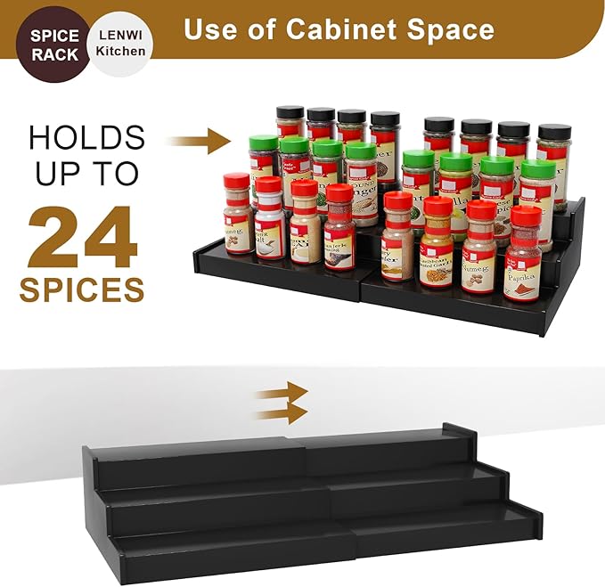 Spice Rack Organizer for Cabinet, 3 Tier Expandable Bamboo Spice Storage, Great for Kitchen Cabinet, Cupboard,Pantry and More(Black)-Ruum Studio Home