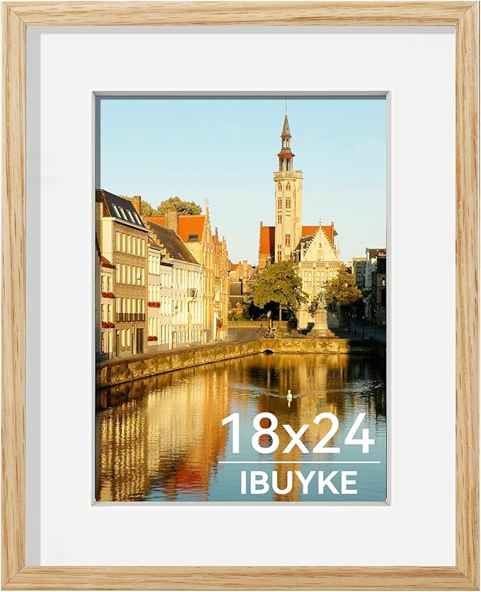 IBUYKE 18x24 Picture Frame,Solid Oak Wood 18x24 Photo Frame with Mat to 16x20,18x24 Picture Frames With Tempered Glass,Wall Mount Display,Home Decor,Natural Oak 24 x 18 Frame,UWPF1824N-Ruum Studio Home