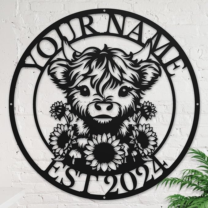 Personalized Highland Cow Name metal Signs,Custom Highland Cow Metal Shed Wall Decor,Black Metal Wall Art Plaques Outdoor wall Decorative Signage (Style E)-Ruum Studio Home