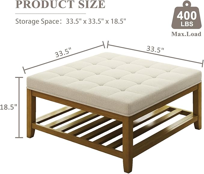 Large Square Ottoman Coffee Table, Linen Solid Upholstered Footrest Ottoman with Solid Wood Shelf Storage Tufted Coffee Table for Bedroom Living Room, Ivory-Ruum Studio Home